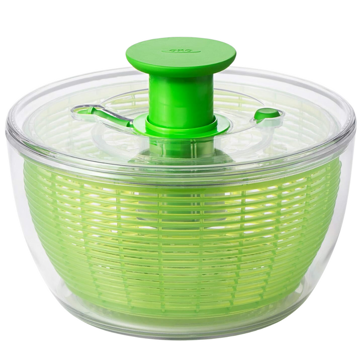 Large capacity salad spinner for drying fresh greens quickly.