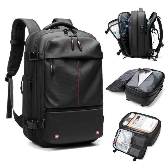 Large capacity unisex travel backpack with vacuum compression, perfect for weekend trips, shown packed and upright.