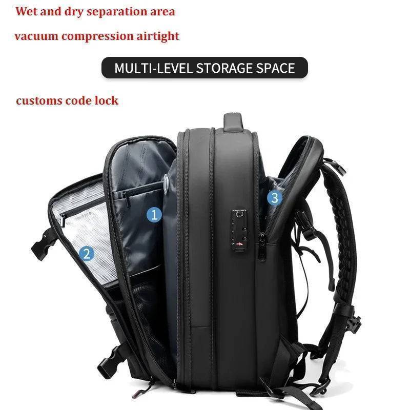 Waterproof unisex travel backpack, vacuum compression feature demonstrated, ideal for outdoor gear and a laptop.
