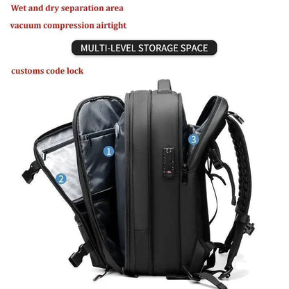 Waterproof unisex travel backpack, vacuum compression feature demonstrated, ideal for outdoor gear and a laptop.