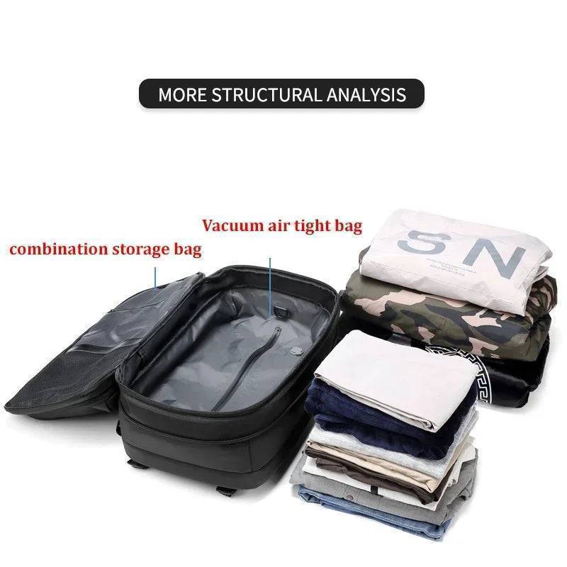 Unisex travel backpack with vacuum compression technology, highlighting ample storage for a large capacity weekend bag.