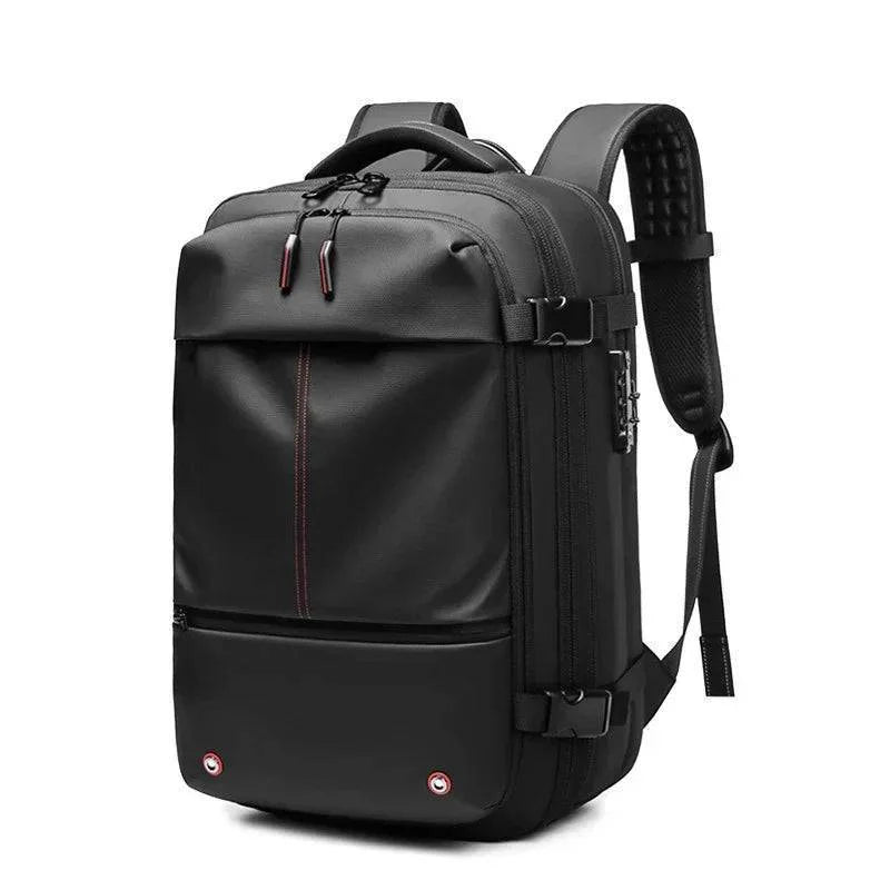Close-up of the vacuum compression valve on a large capacity unisex travel backpack, showing ease of use.