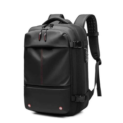 Close-up of the vacuum compression valve on a large capacity unisex travel backpack, showing ease of use.