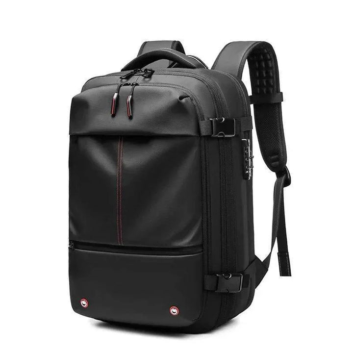 Close-up of the vacuum compression valve on a large capacity unisex travel backpack, showing ease of use.