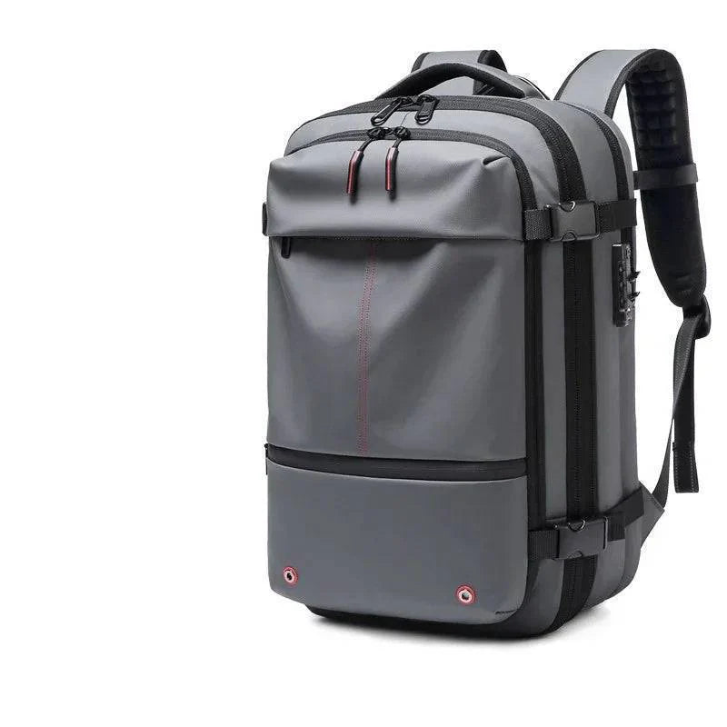 Model wearing a waterproof, large capacity unisex travel backpack, suitable for a laptop and outdoor adventures.