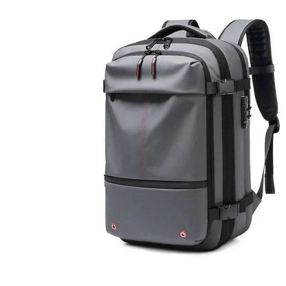 Model wearing a waterproof, large capacity unisex travel backpack, suitable for a laptop and outdoor adventures.