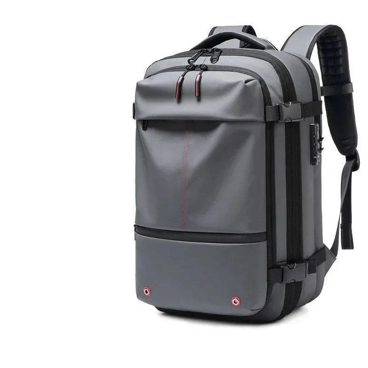 Model wearing a waterproof, large capacity unisex travel backpack, suitable for a laptop and outdoor adventures.