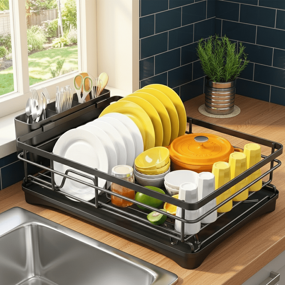 Large kitchen dish drainer with drip tray, perfect for countertop organization and drying dishes.