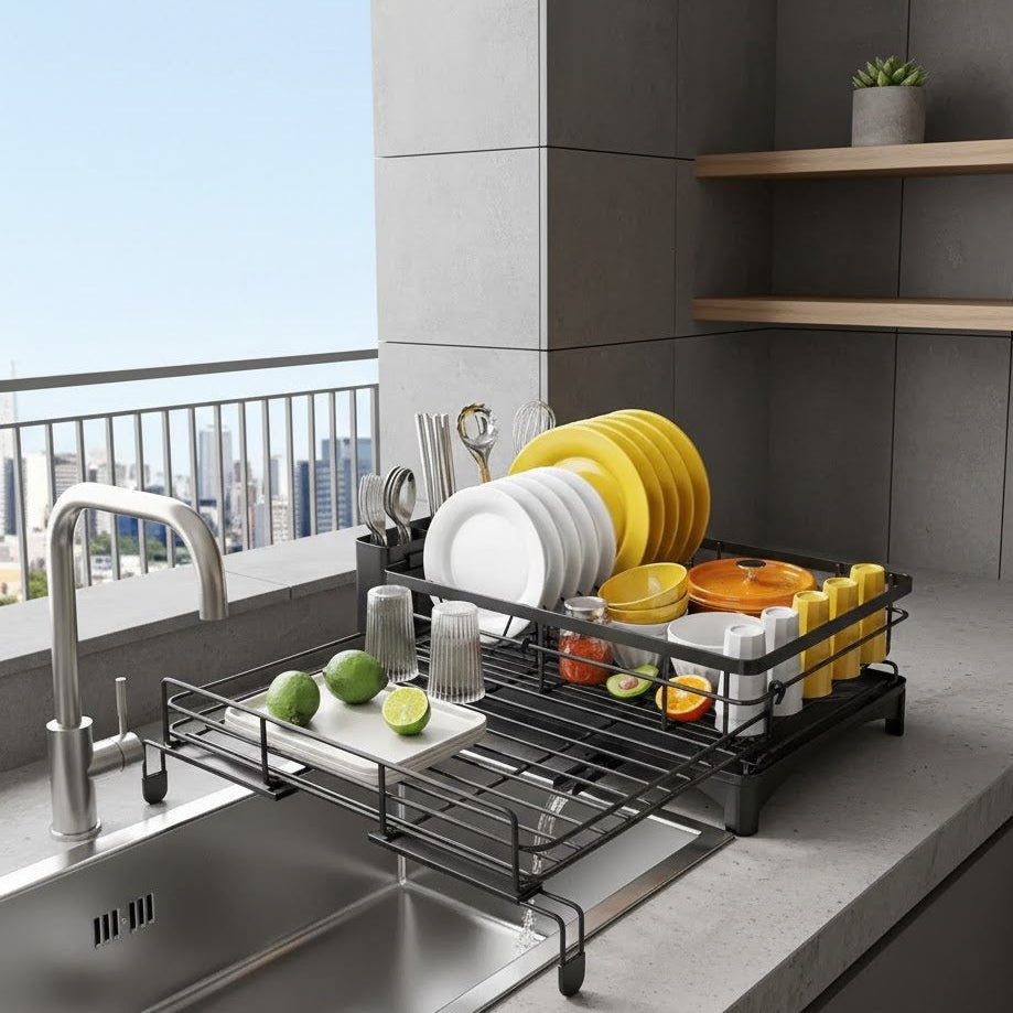Spacious dish drying rack with utensil holder & removable drip tray for efficient kitchen organization.