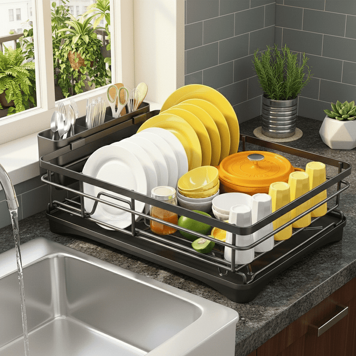 Kitchen countertop dish rack, large capacity drying rack with integrated drip tray & utensil holder.