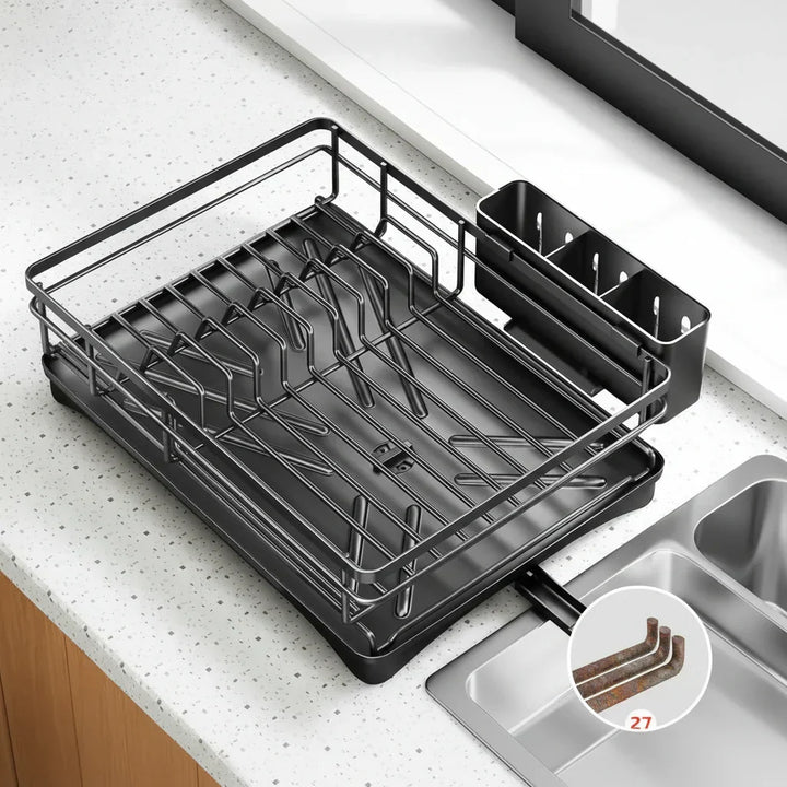 High-capacity kitchen dish drainer, a large drying rack with a convenient drip tray for family use.