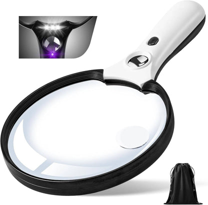 Large LED magnifying glass for reading, hobbies & low vision aid. Illuminated magnifier with bright light.