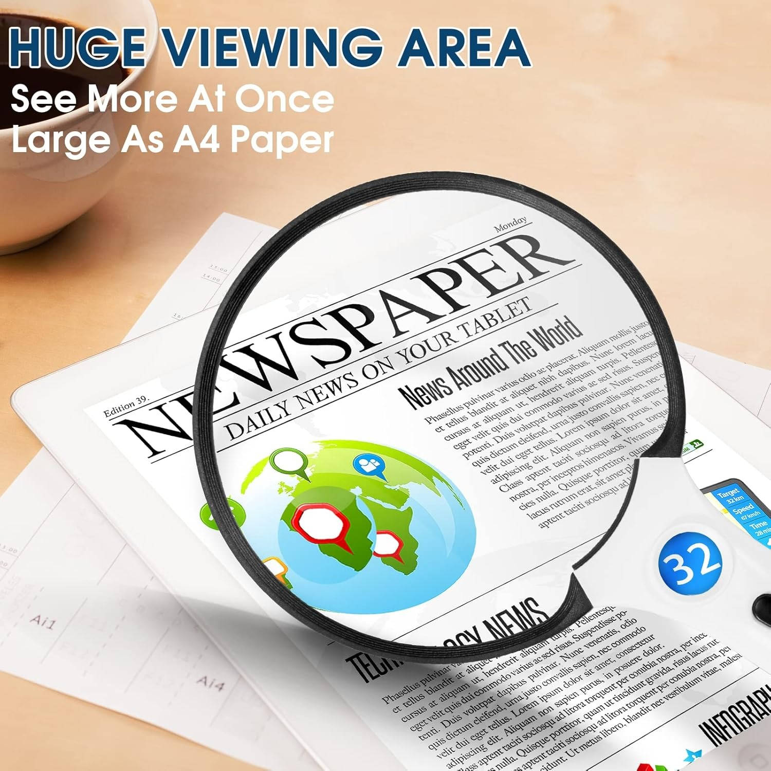Elderly aid: Large LED reading magnifier for books & maps. Perfect for low vision tasks & close-up work.