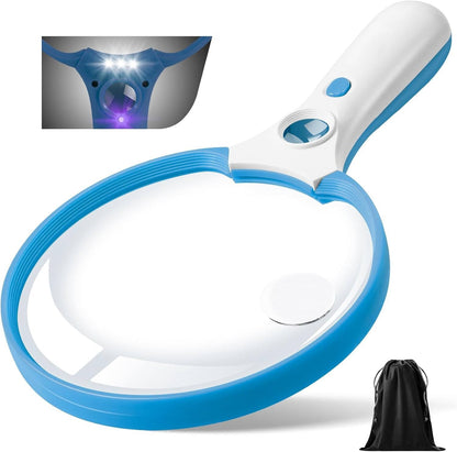 Portable LED magnifier with large lens for clear reading & intricate hobbies. Bright light for elderly aid.