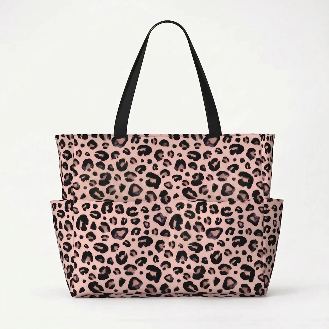 Foldable leopard print travel bag for women, a large capacity tote for beach & daily use.