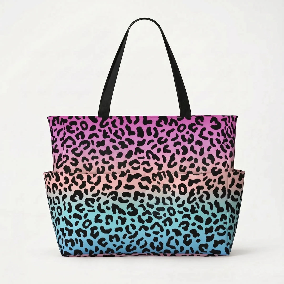 Eye-catching leopard print women's beach tote, a spacious and stylish travel shoulder bag.