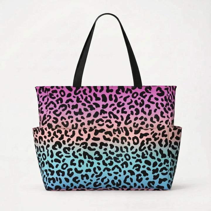 Eye-catching leopard print women's beach tote, a spacious and stylish travel shoulder bag.