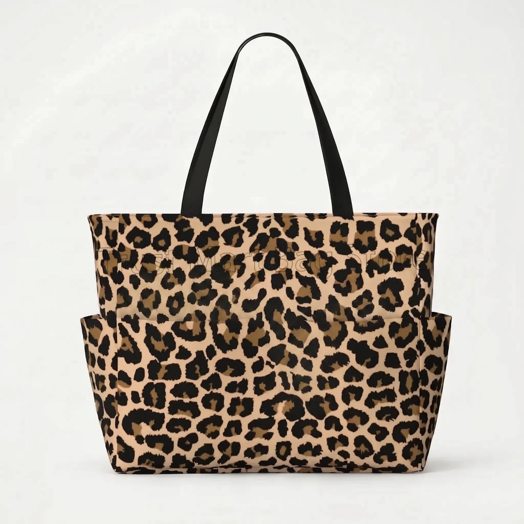 Women's large leopard print multi-purpose tote bag, perfect as a beach, travel, or everyday carryall.