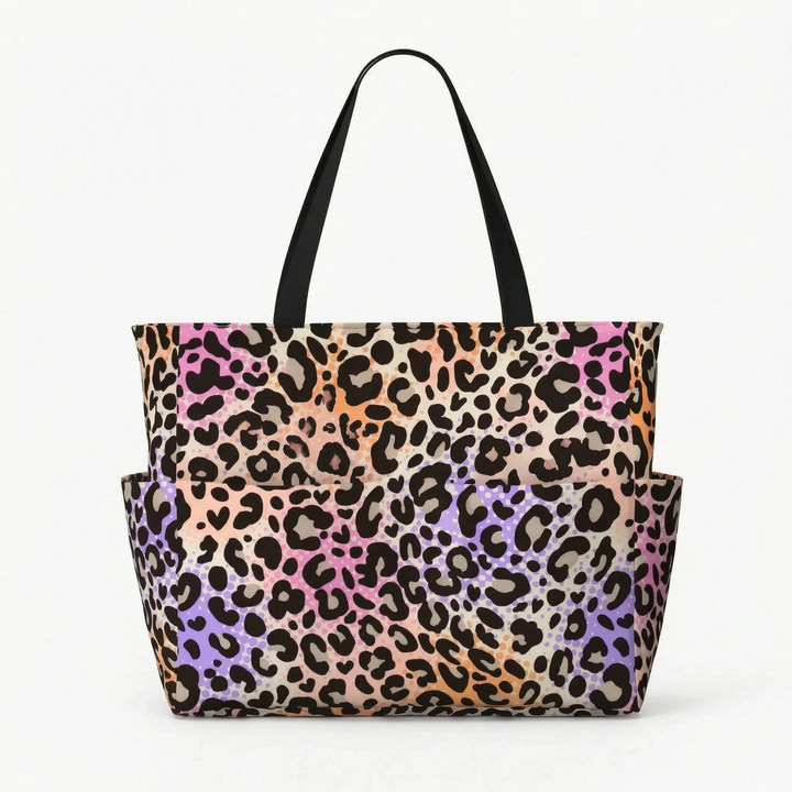 Women's large leopard print beach bag, excellent for summer vacations & poolside.