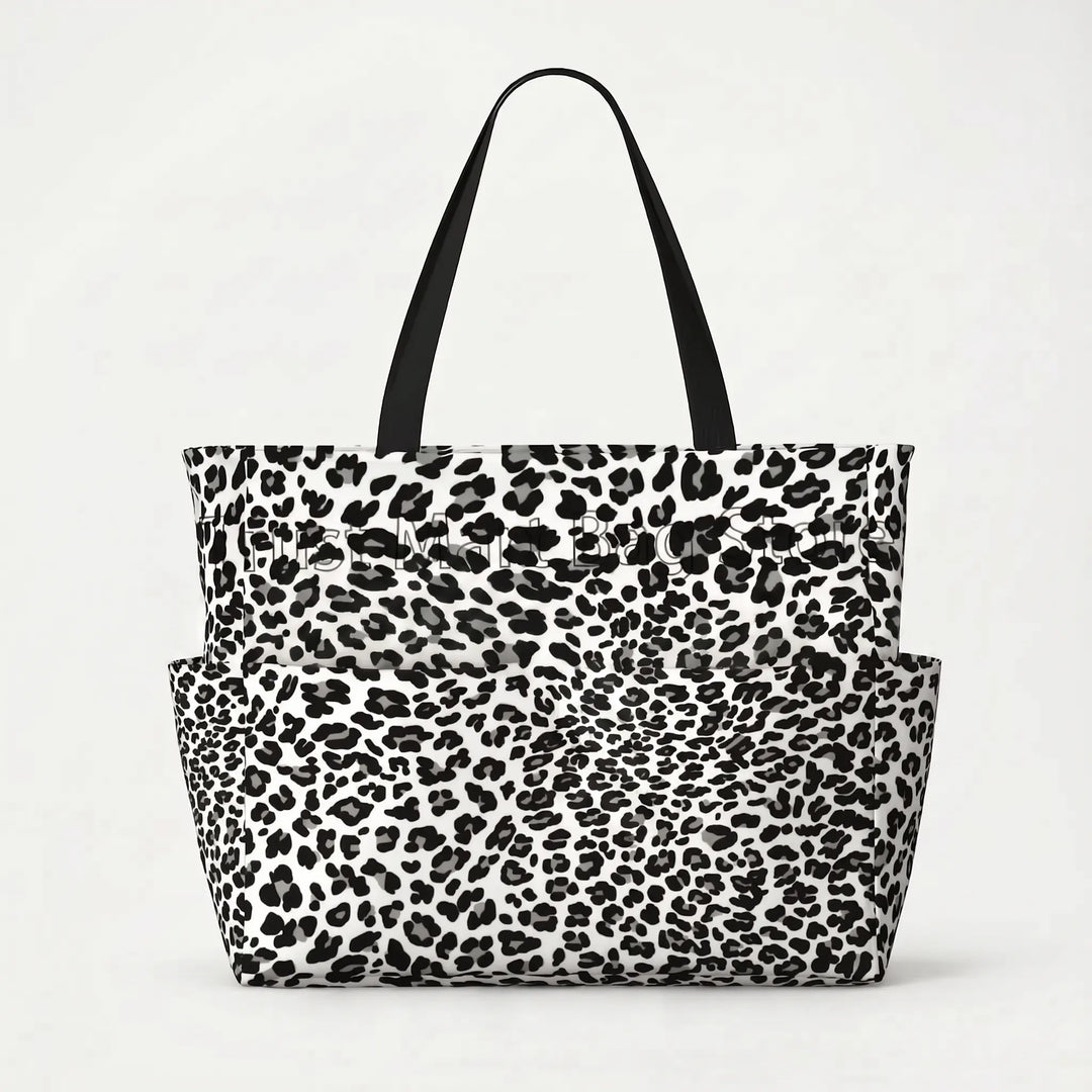 Chic leopard print design on a spacious women's travel tote, perfect for beach trips.