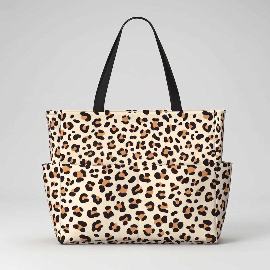 Women's large leopard print shoulder bag, versatile for beach, travel, or everyday carry.