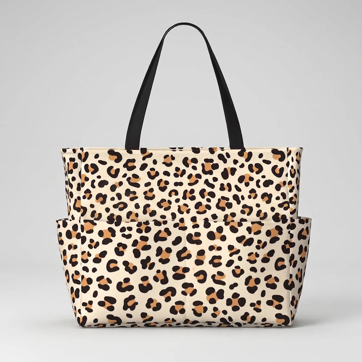 Women's large leopard print shoulder bag, versatile for beach, travel, or everyday carry.