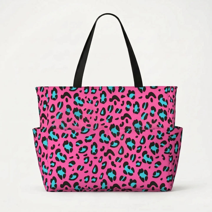 Trendy leopard print travel tote for women, large, water-resistant, ideal for beach use.
