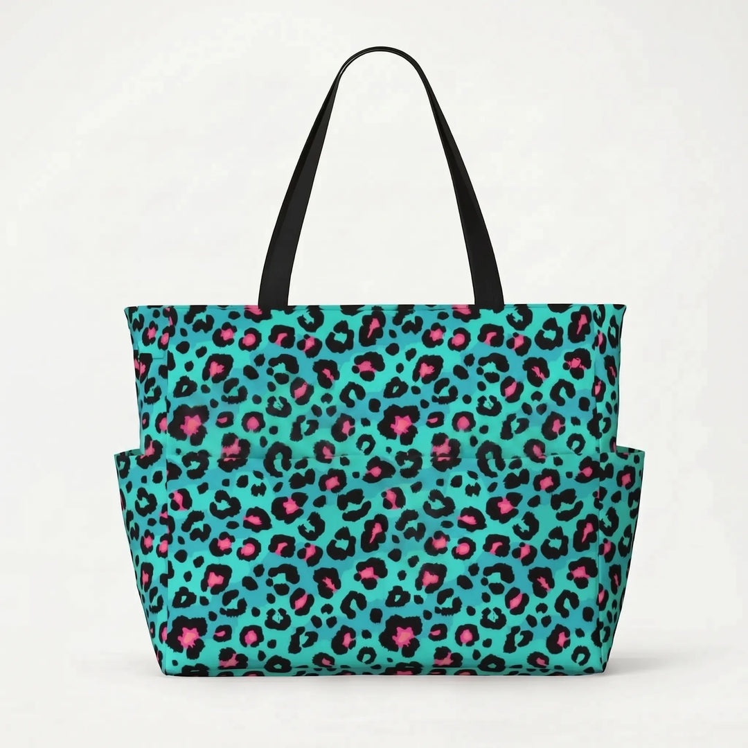 Elegant leopard print beach tote bag, oversized for women's travel and summer adventures.