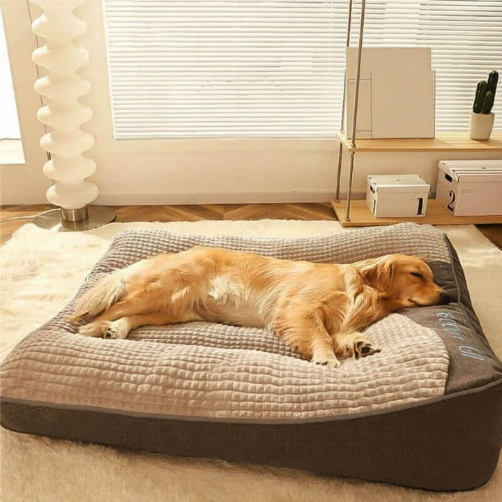 Scratch-resistant large dog bed with orthopedic foam for durable pet comfort.