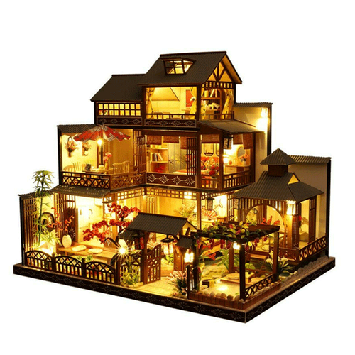 Large realistic wooden dollhouse DIY kit with LED lights, perfect for creative play & building.