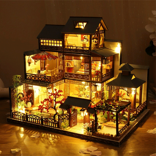 Detailed wooden dollhouse model, a realistic miniature playhouse with intricate design for kids & adults.