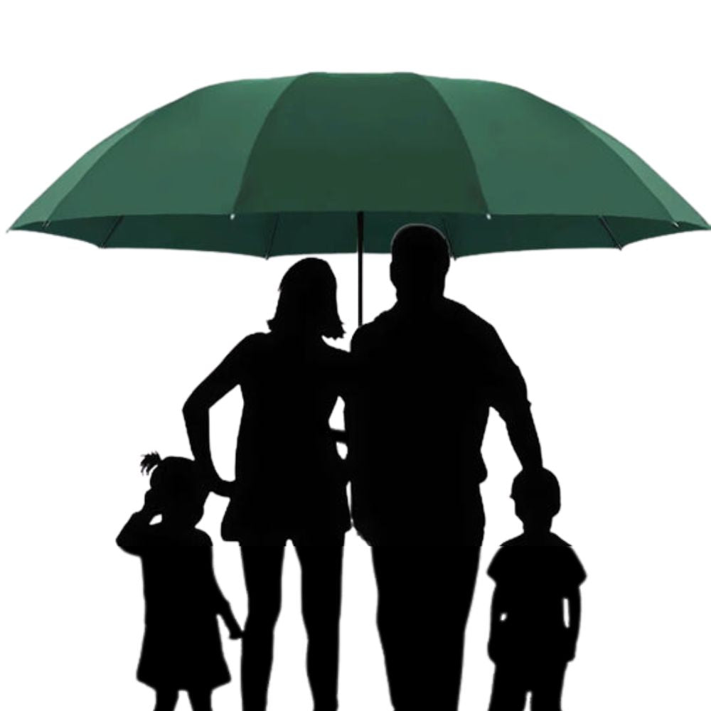Compact folding travel umbrella, expanding to a super large windproof canopy for family use.
