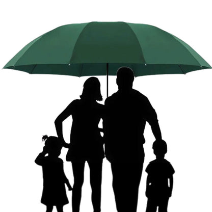Compact folding travel umbrella, expanding to a super large windproof canopy for family use.