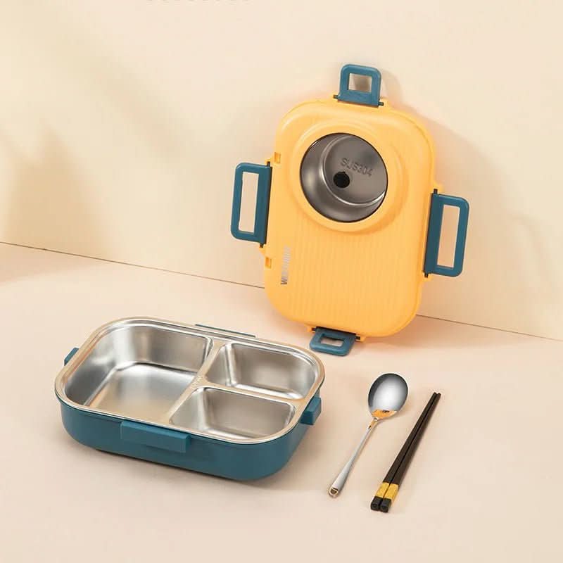 Stainless steel lunchbox, 3 compartments, leak-proof for school, work, or daily food storage.