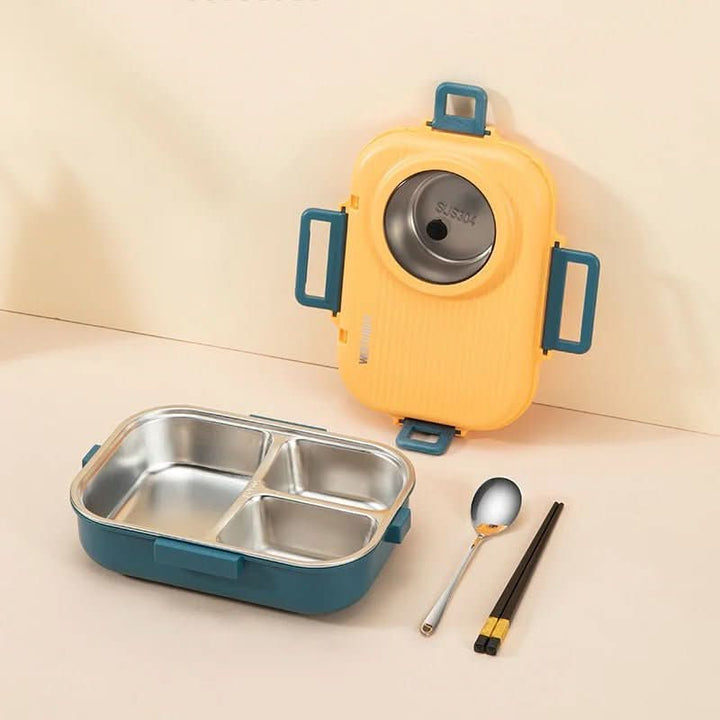 Stainless steel lunchbox, 3 compartments, leak-proof for school, work, or daily food storage.