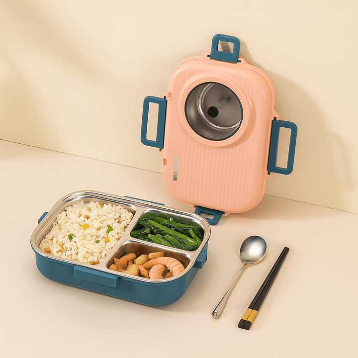Durable stainless steel bento box, leak-proof design, ideal for portable food storage.