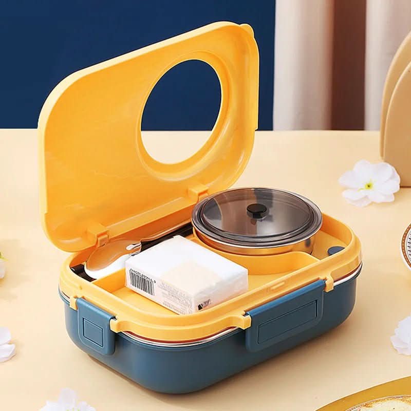 Adult stainless steel bento box, 3 compartments, leak-proof, perfect for work lunch meal prep.