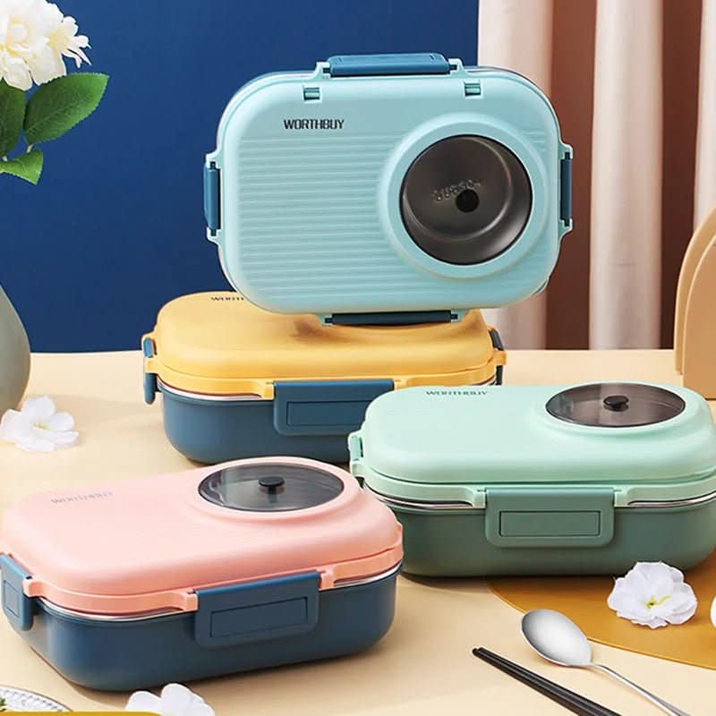 Portable stainless steel bento box, 3 sections, leak-proof, ideal for daily meal prep & work lunch.