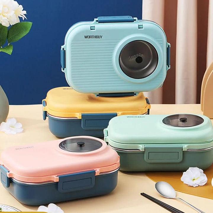 Portable stainless steel bento box, 3 sections, leak-proof, ideal for daily meal prep & work lunch.