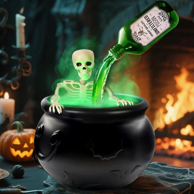 LED Halloween cauldron with mystical fog and glowing lights for spooky party decor.