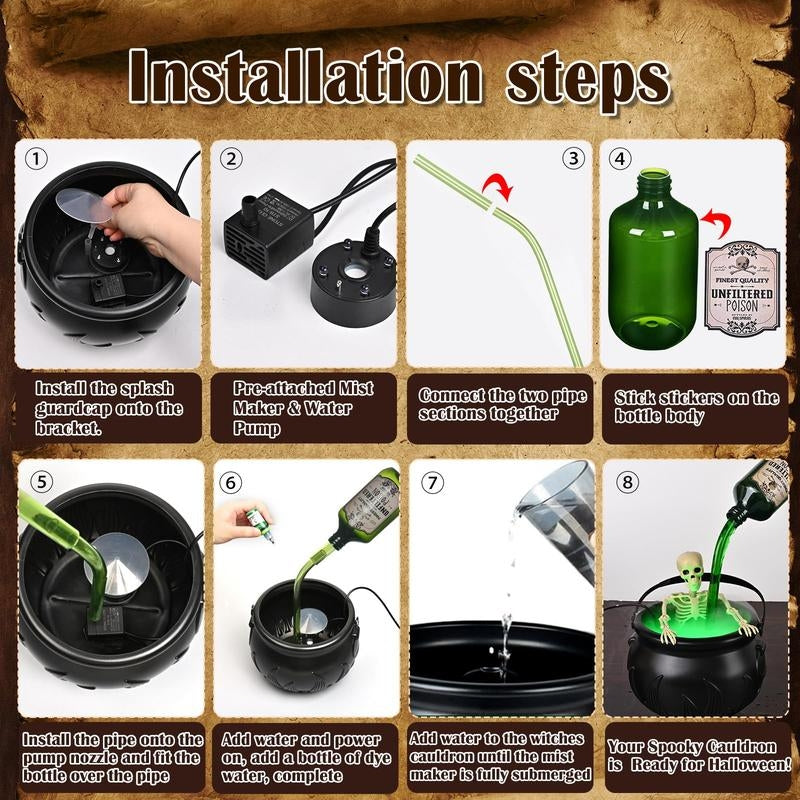 Dynamic LED Halloween cauldron decor with eerie green glow and cascading fog, perfect for parties.