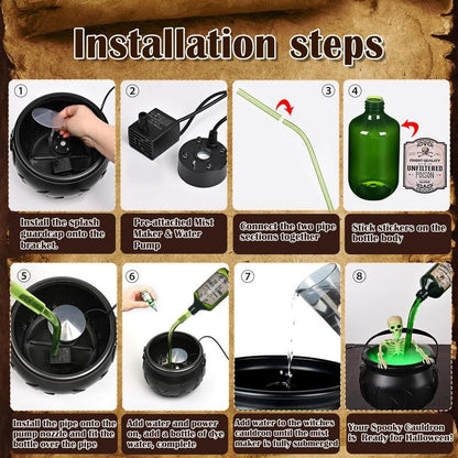 Dynamic LED Halloween cauldron decor with eerie green glow and cascading fog, perfect for parties.