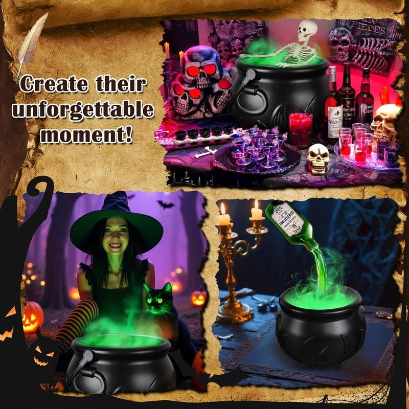 Glowing LED Halloween cauldron decor emitting mystical fog, enhancing spooky ambiance for any celebration.