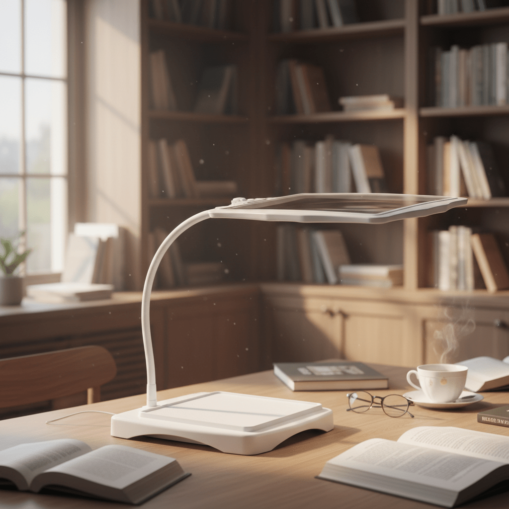Portable LED magnifying lamp with flexible arm, ideal for detailed reading, crafting & workbench tasks.