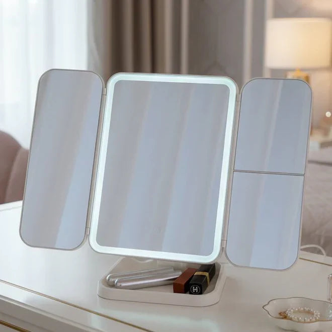 LED tri-fold makeup mirror with 3 adjustable light settings for precise cosmetic application.