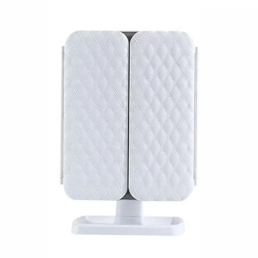 Adjustable tri-fold LED makeup mirror with 3 light modes, providing optimal viewing angles.