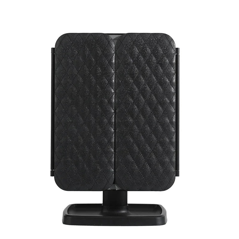 Versatile LED cosmetic mirror, tri-fold design & 3 light settings for all beauty needs.