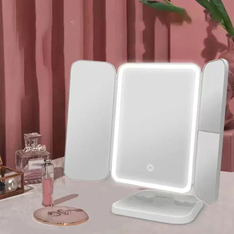 Convenient LED tri-fold mirror with 3 adjustable light settings, essential for daily beauty.