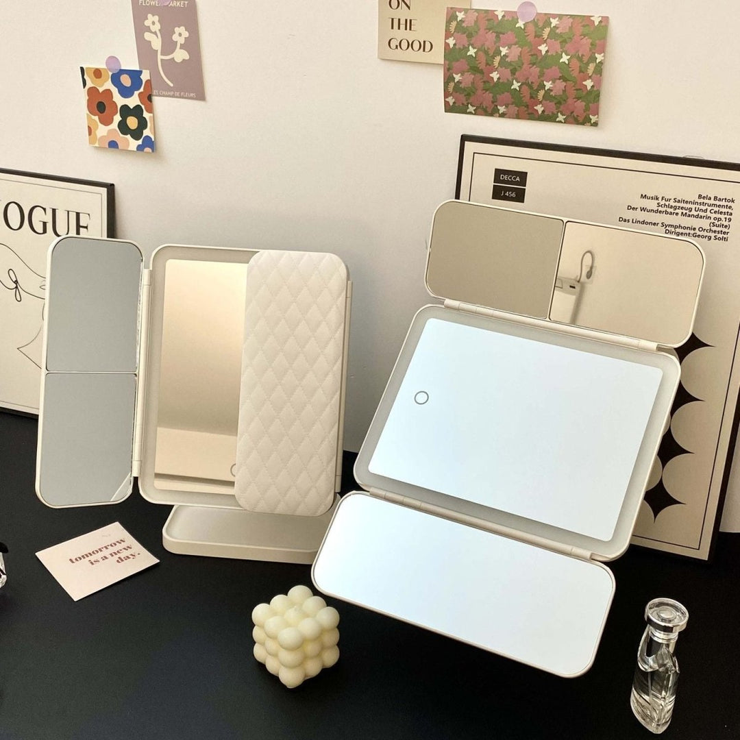 Must-have beauty tool: LED tri-fold mirror with 3 adjustable light settings for perfect makeup.
