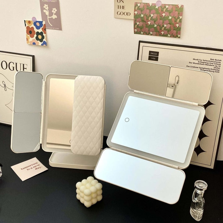 Must-have beauty tool: LED tri-fold mirror with 3 adjustable light settings for perfect makeup.